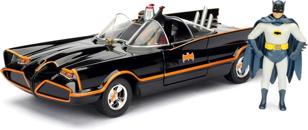 1966 Classic TV Series Batmobile 1:24 Die-Cast Car with 2.75 Batman and Robin Figures, Toys for Kids and Adults