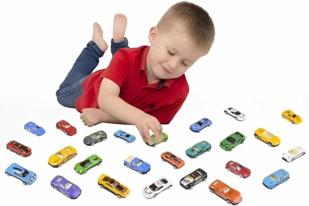 25 Piece Diecast Cars Pack Toy Playset in Storage Carrying Tub - 1:64 Scale Metal Alloy Die-cast Vehicles Collection for Kids