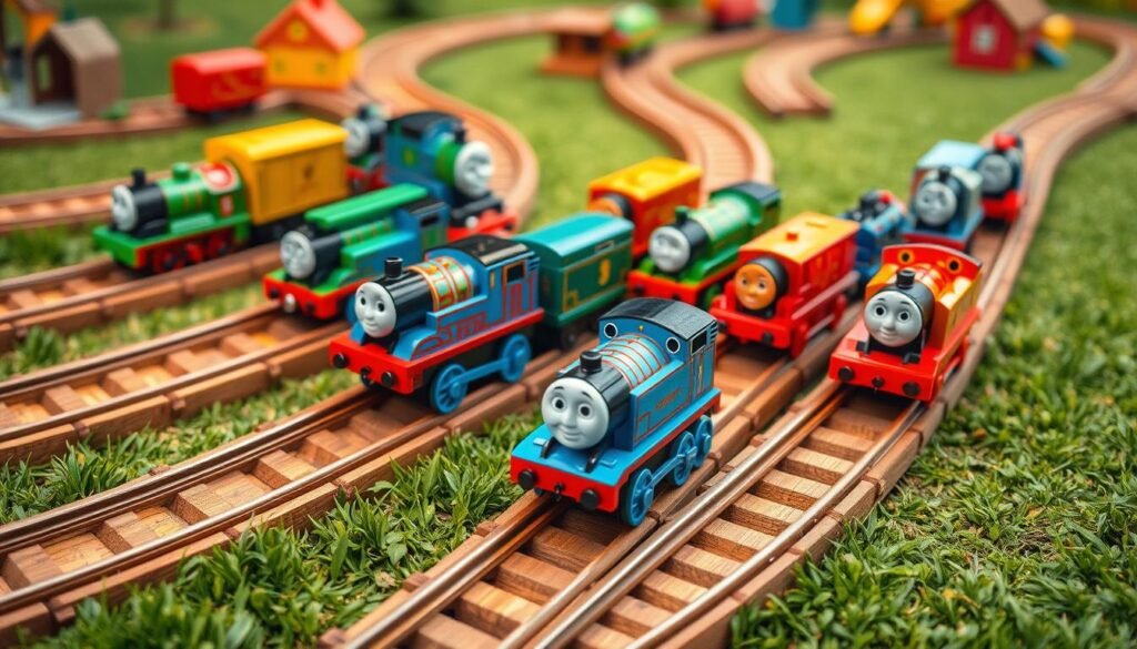 Diecast Thomas trains on wooden tracks