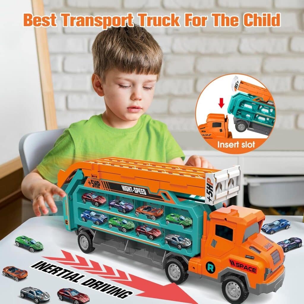 BainGesk Carrier Truck Toys for 2 3 4 5 6 Years Old Boys, 2.8 Ft Race Track Transport Cars Toys with 6 Die-Cast Metal Toy Cars, Birthday Gifts Kids Age 3-5, Racing Cars Toys Gifts for Toddlers