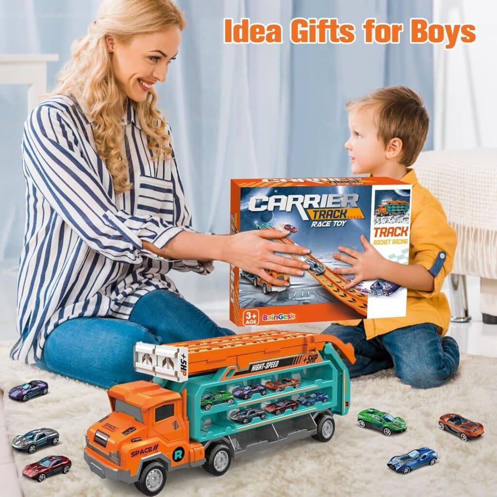 BainGesk Carrier Truck Toys for 2 3 4 5 6 Years Old Boys, 2.8 Ft Race Track Transport Cars Toys with 6 Die-Cast Metal Toy Cars, Birthday Gifts Kids Age 3-5, Racing Cars Toys Gifts for Toddlers