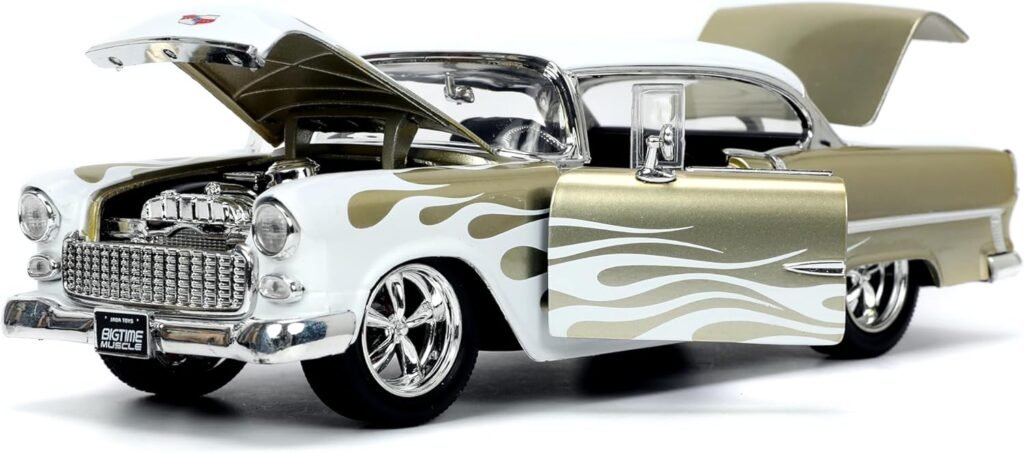 Big Time Muscle 1:24 1955 Chevy Bel Air Die-Cast Car, Toys for Kids and Adults(White/Gold Flames)