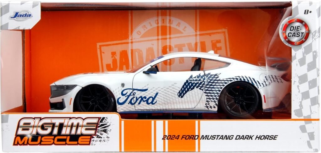 Big Time Muscle 1:24 2024 Ford Mustang GT Dark Horse Die-Cast Car, Toys for Kids and Adults(White with Blue Horse Deco)