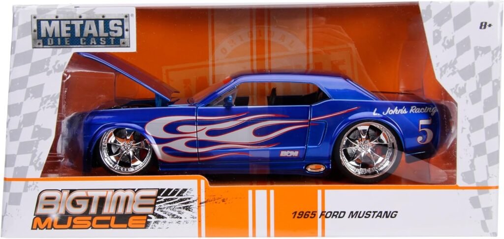 Bigtime Muscle 1:24 1965 Ford Mustang Die-Cast Car, Toys for Kids and Adults(Blue/Silver Flames)