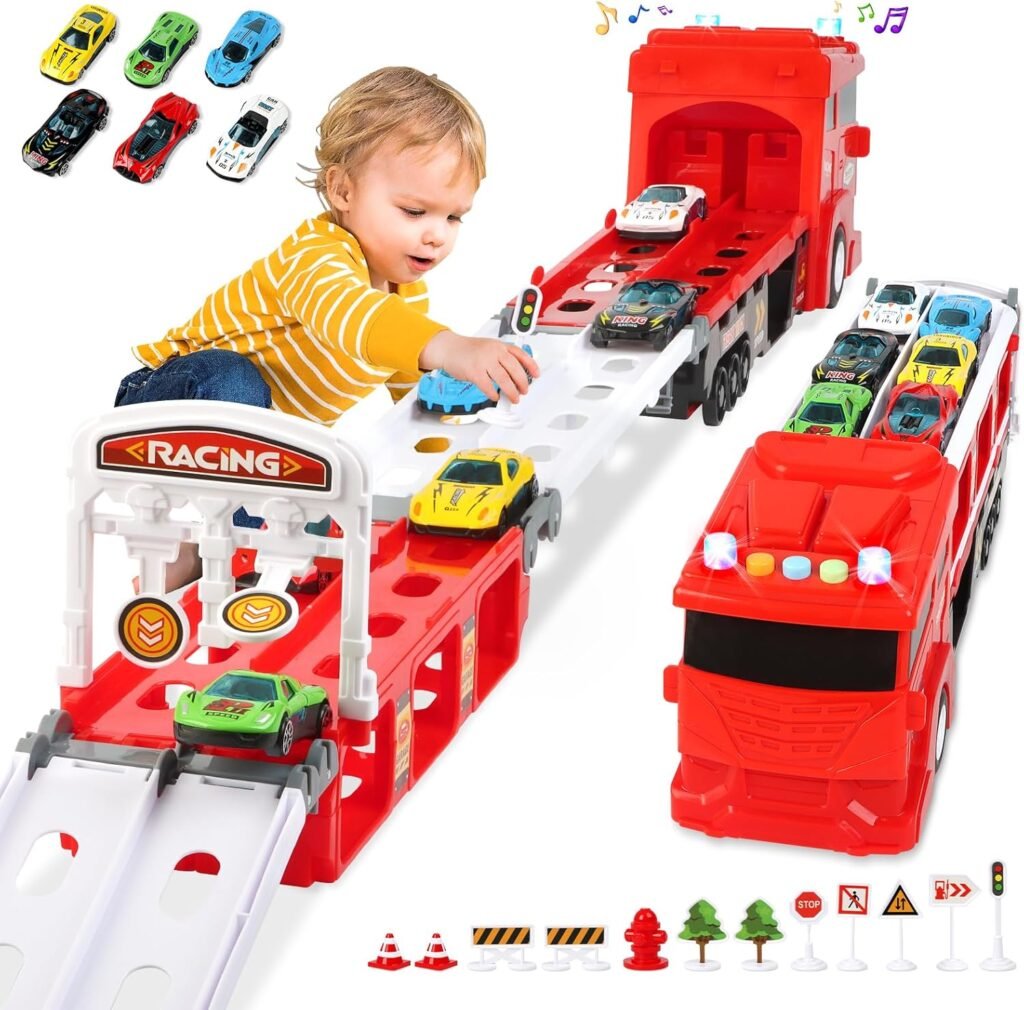 Carrier Truck Race Car Track Set for Toddlers Toys, 4 FT Race Track and 6 Die-Cast Toy Cars, Truck Toy with Lights  Sounds Xmas Gifts for 3 4 5 6 7 8 Years Old Kids Boys Girls (Red)