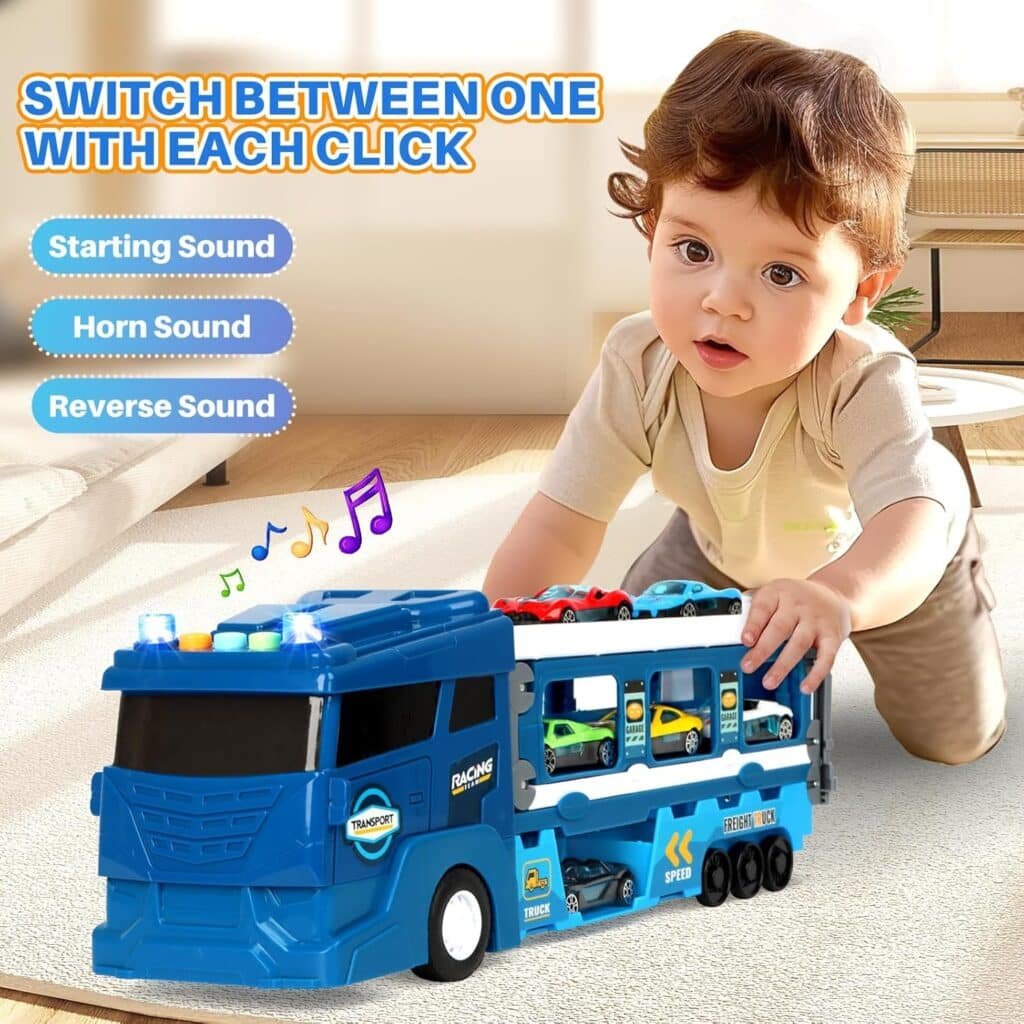Carrier Truck Race Car Track Set for Toddlers Toys, 4 FT Race Track and 6 Die-Cast Toy Cars, Truck Toy with Lights  Sounds Xmas Gifts for 3 4 5 6 7 8 Years Old Kids Boys Girls (Red)