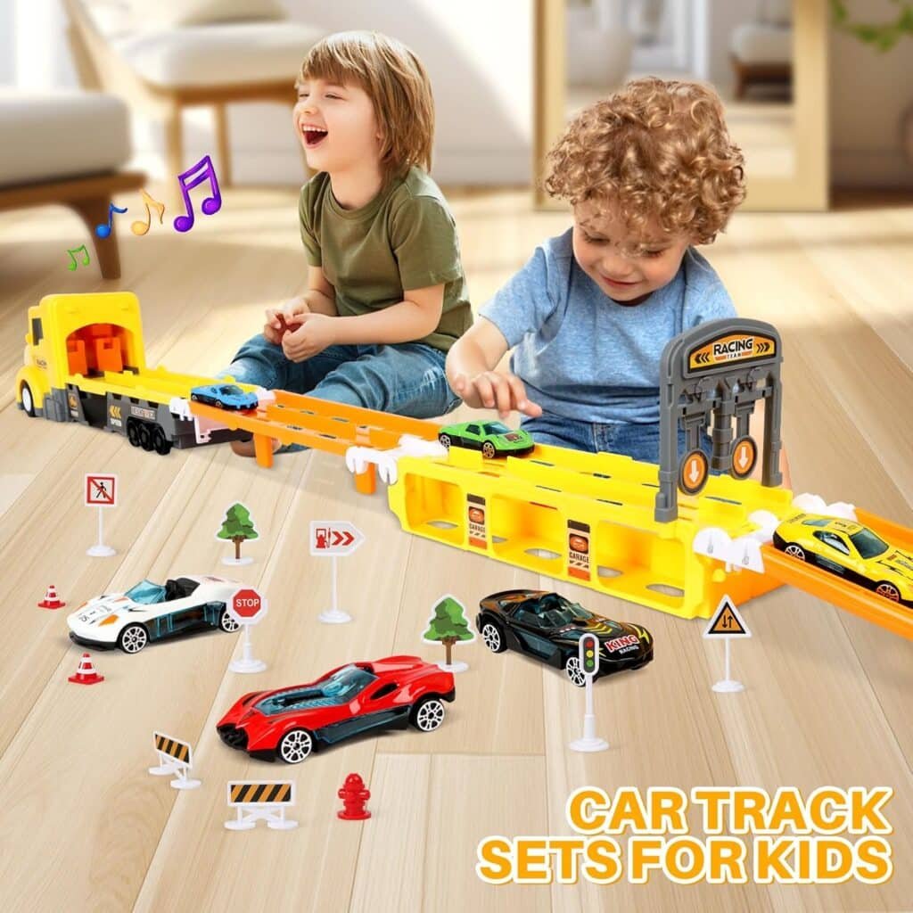 Carrier Truck Race Car Track Set for Toddlers Toys, 4 FT Race Track and 6 Die-Cast Toy Cars, Truck Toy with Lights  Sounds Xmas Gifts for 3 4 5 6 7 8 Years Old Kids Boys Girls (Red)