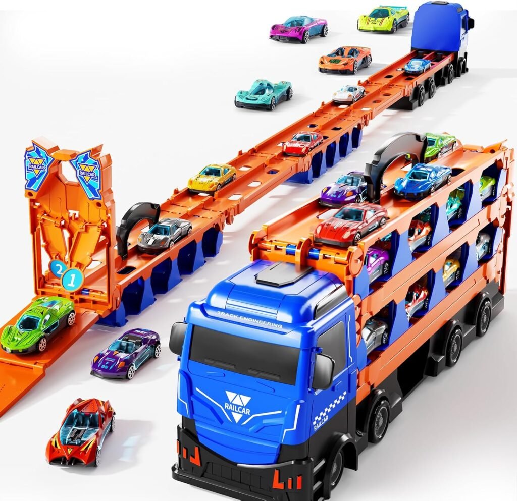Carrier Truck Race Track Boys Toys, 78-Inch Toy Truck Transport Car Race Track  12 Die-Cast Metal Toy Cars, Toddler Truck Car Toys Track Set Gifts for Age 3 4 5 6+ Years Old Kids Boys Girls