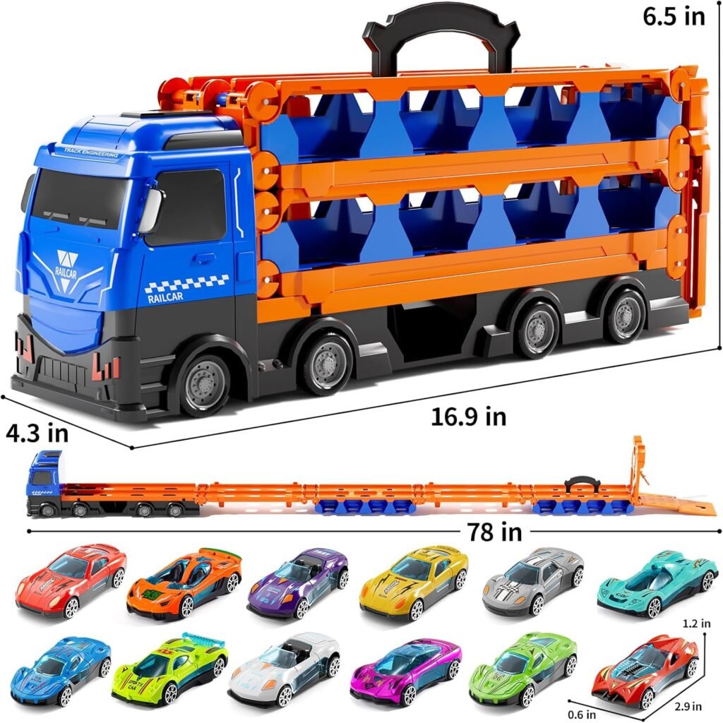 Carrier Truck Race Track Boys Toys, 78-Inch Toy Truck Transport Car Race Track  12 Die-Cast Metal Toy Cars, Toddler Truck Car Toys Track Set Gifts for Age 3 4 5 6+ Years Old Kids Boys Girls