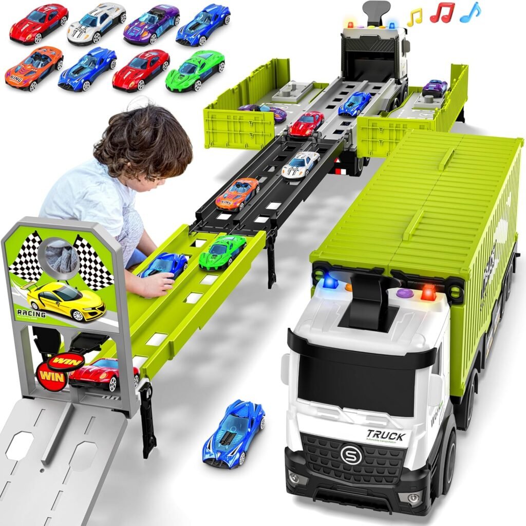 Carrier Truck Race Track Boys Toys, Foldable 3 Layer Car Race Track Playset, Toy Truck Transport Car Carrier  8 Race Cars, Truck Car Kids Toys for Age 3 4 5 6+ Years Old Boys Girls