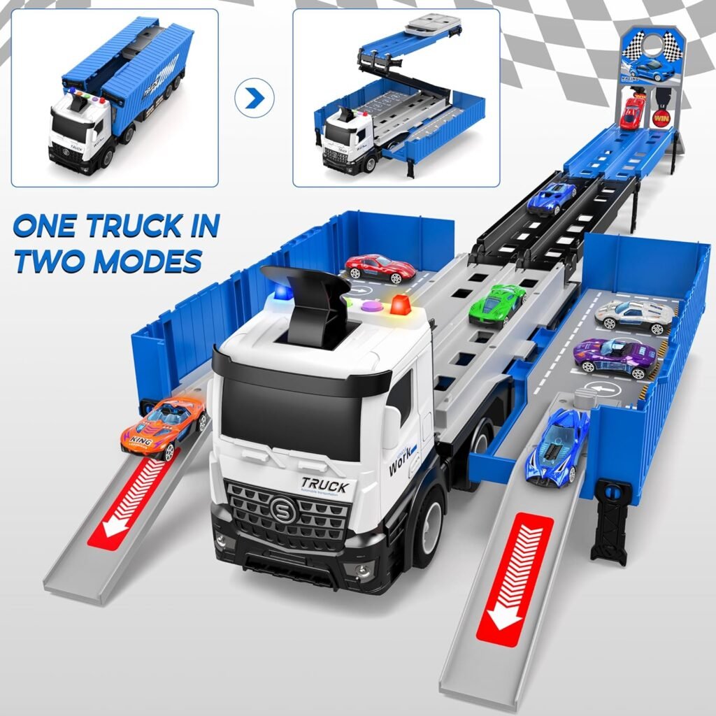 Carrier Truck Race Track Boys Toys, Foldable 3 Layer Car Race Track Playset, Toy Truck Transport Car Carrier  8 Race Cars, Truck Car Kids Toys for Age 3 4 5 6+ Years Old Boys Girls