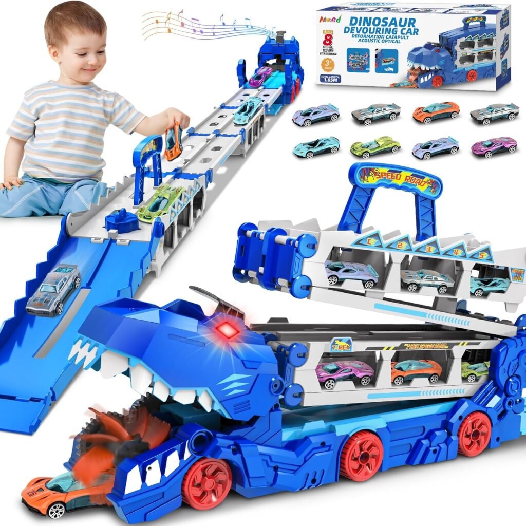 Carrier Truck Toys for Kids, 6-FT Race Track and 8 Die-Cast Metal Toy Cars, Dinosaur with Race Track Ultimate Transporter, Racing Car with Sound Toddler Toys Gifts for Age 3 4 5 6 7 8Years Old