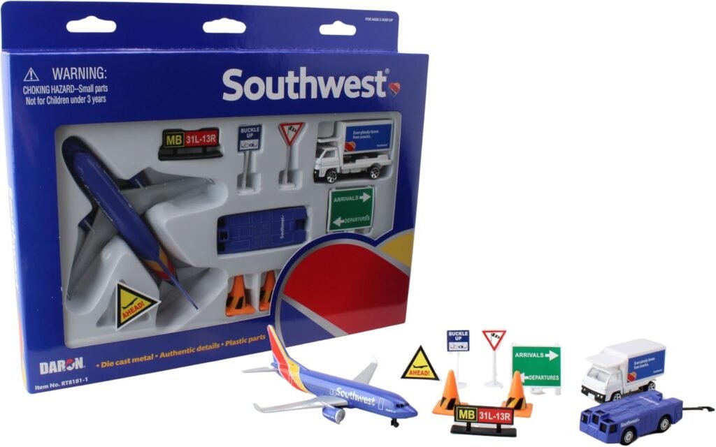 Daron Southwest Airlines Airport Playset with Die-Cast Metal Model Airplane with Plastic Parts, Cars and Transportation Toys for Kids Ages 3+