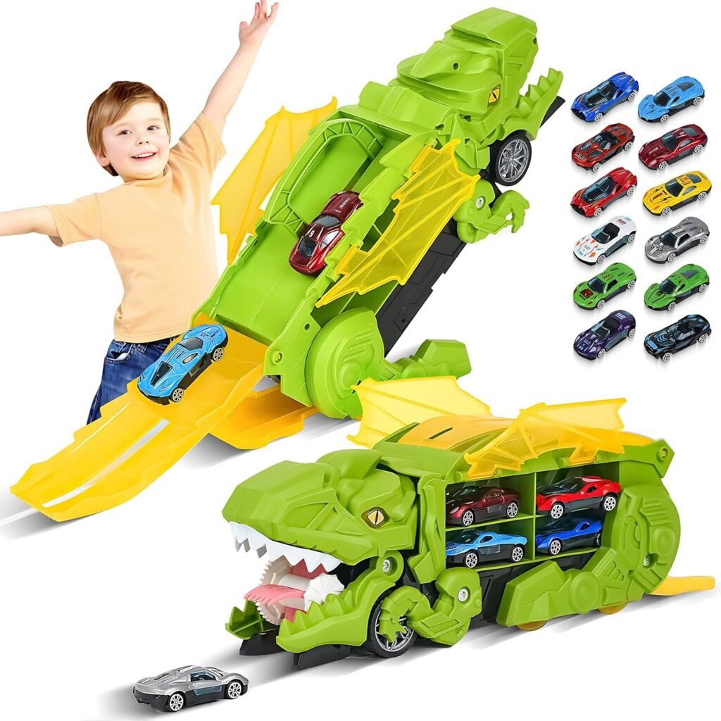 Dinosaur Truck Toy for 3 4 5 6 Years Old Boys, 12 Die-Cast Cars,Dinosaur Race Track Transporter Set, Transform into Dino T-rex, Kids Car Toys 2-4 3-5, New Year Toys Gifts for Kids 2 3 4 5 6-Green