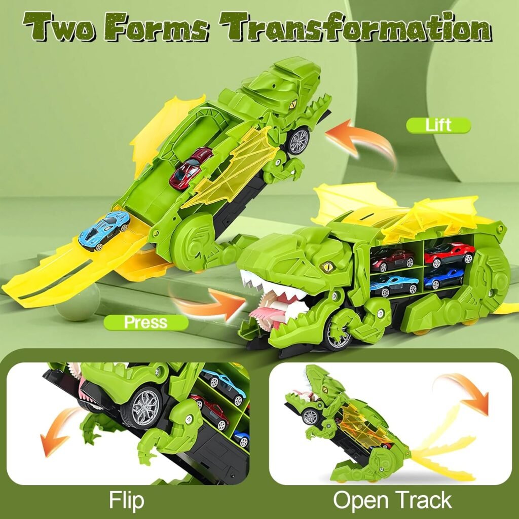 Dinosaur Truck Toy for 3 4 5 6 Years Old Boys, 12 Die-Cast Cars,Dinosaur Race Track Transporter Set, Transform into Dino T-rex, Kids Car Toys 2-4 3-5, New Year Toys Gifts for Kids 2 3 4 5 6-Green