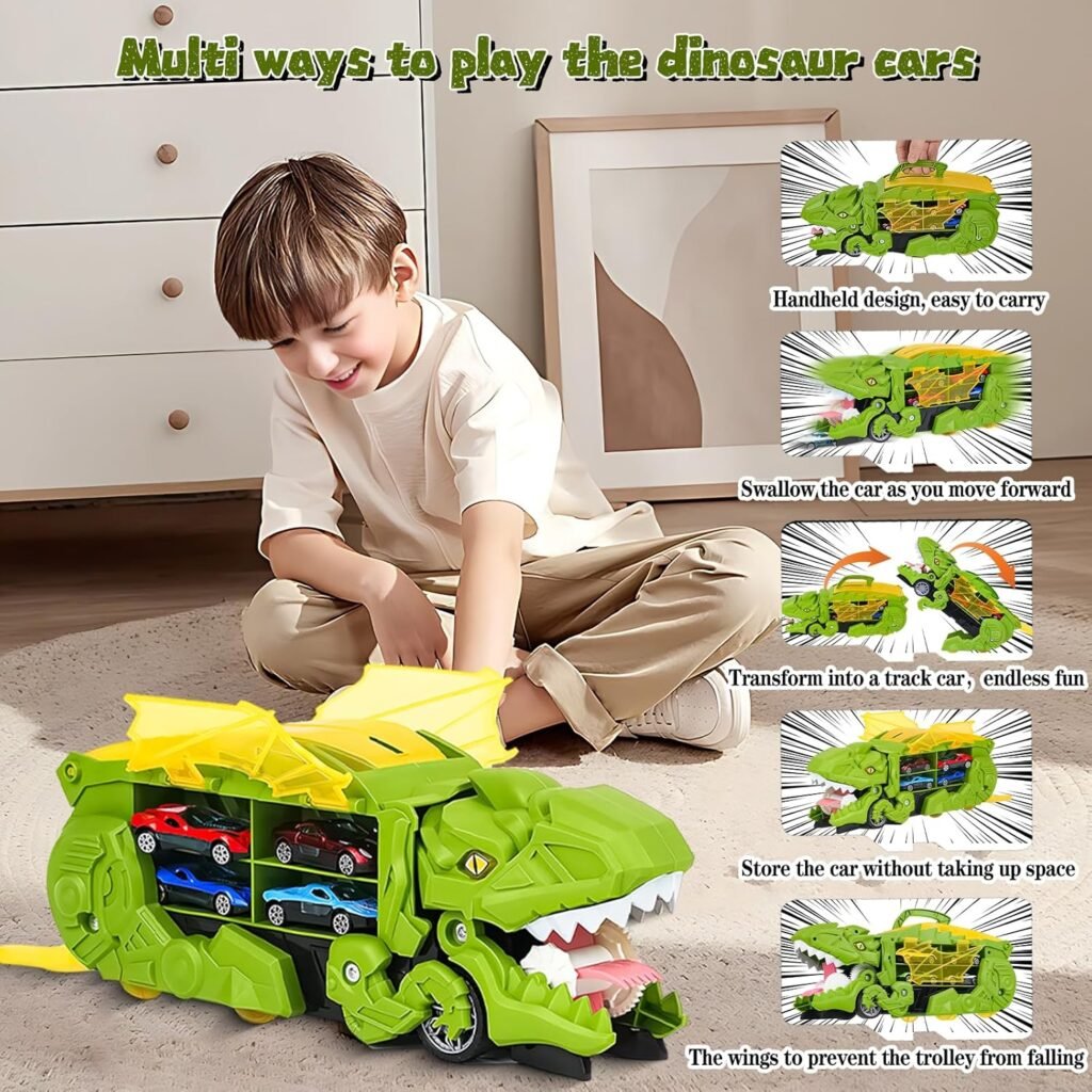 Dinosaur Truck Toy for 3 4 5 6 Years Old Boys, 12 Die-Cast Cars,Dinosaur Race Track Transporter Set, Transform into Dino T-rex, Kids Car Toys 2-4 3-5, New Year Toys Gifts for Kids 2 3 4 5 6-Green