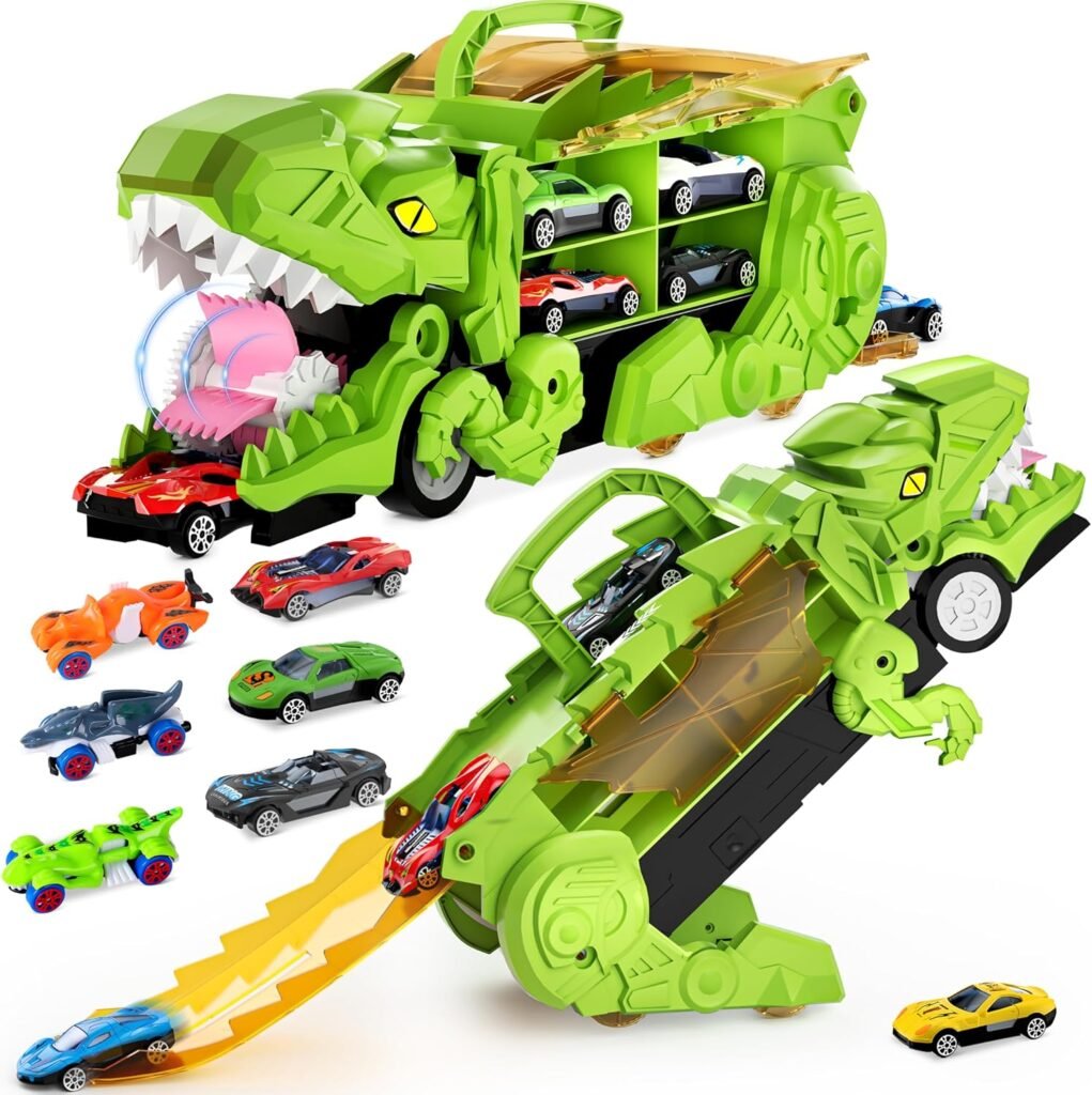 Dinosaur Truck Toys for 3-5 5-7 Years Old Boys, Transporter Truck Set with 10 Diecast Racing Cars, Transforms into Dino with Race Track, Toddler Car Toys Gifts for Kids Girls Ages 3 4 5 6 7