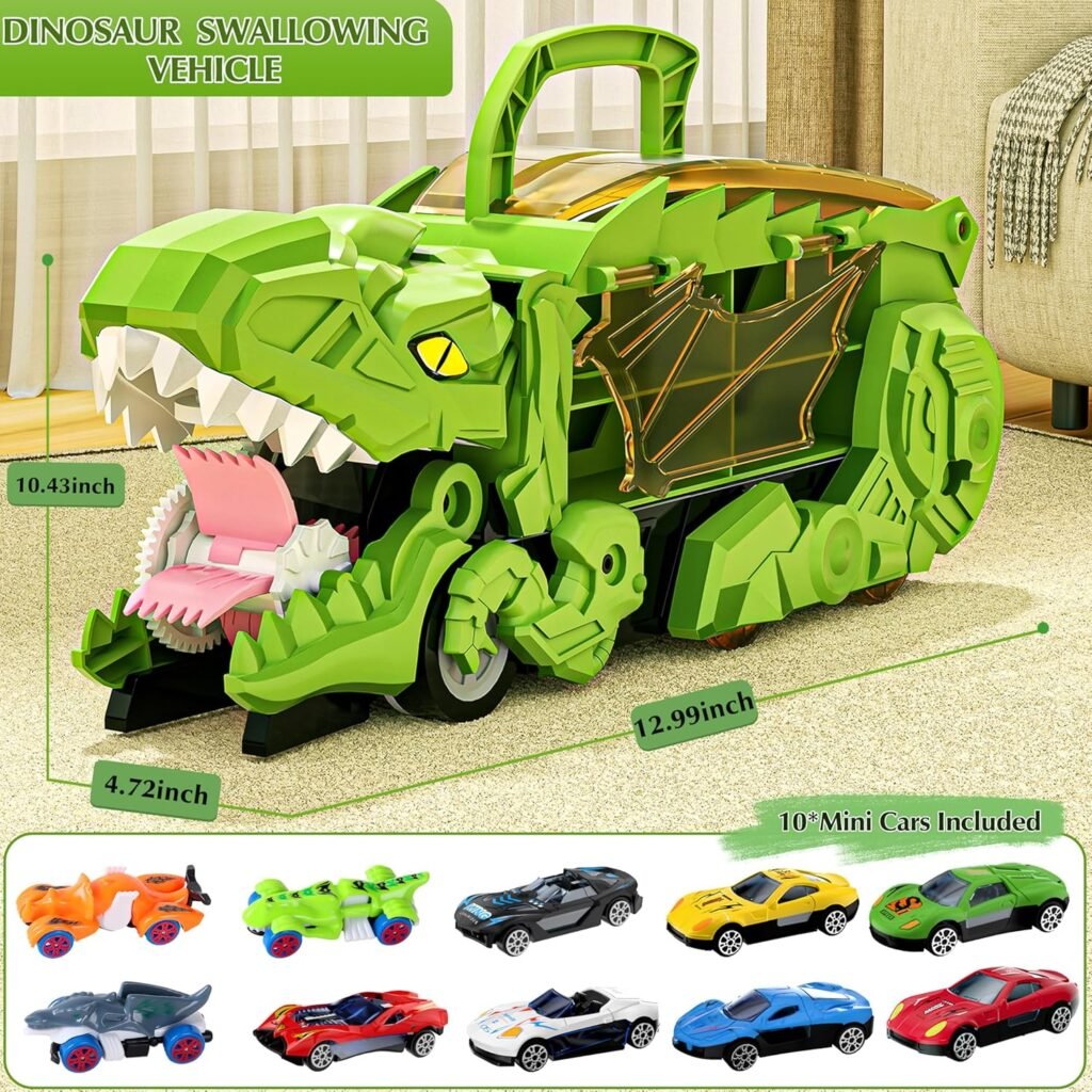 Dinosaur Truck Toys for 3-5 5-7 Years Old Boys, Transporter Truck Set with 10 Diecast Racing Cars, Transforms into Dino with Race Track, Toddler Car Toys Gifts for Kids Girls Ages 3 4 5 6 7