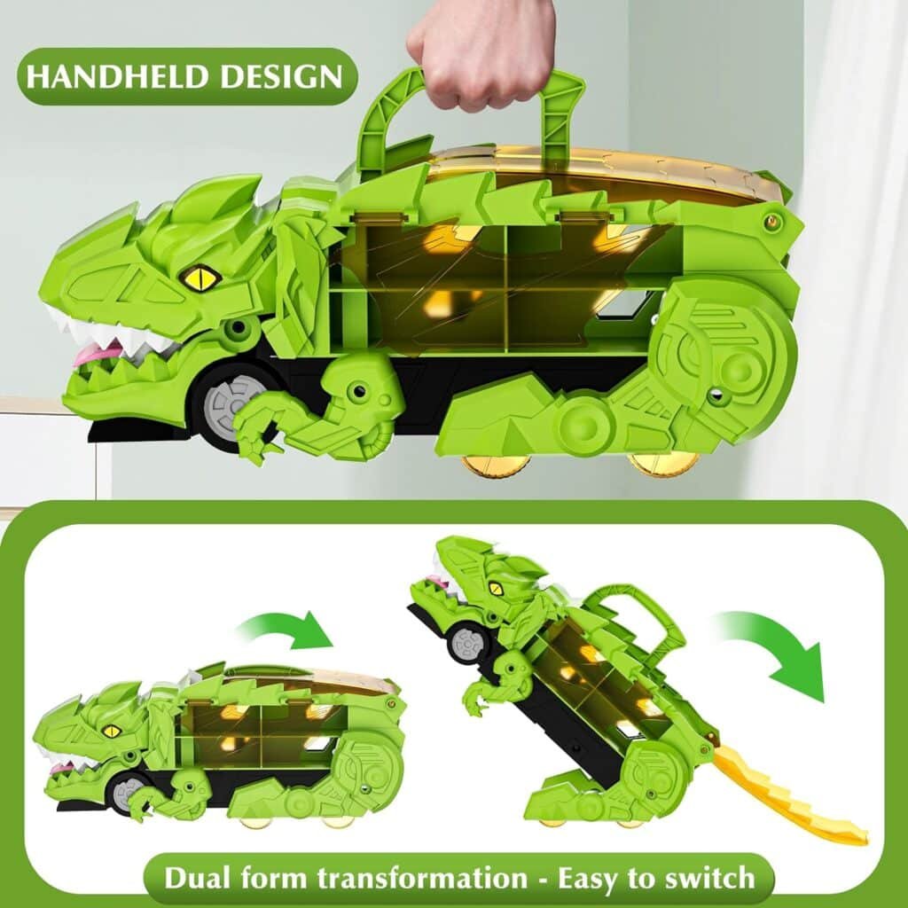 Dinosaur Truck Toys for 3-5 5-7 Years Old Boys, Transporter Truck Set with 10 Diecast Racing Cars, Transforms into Dino with Race Track, Toddler Car Toys Gifts for Kids Girls Ages 3 4 5 6 7