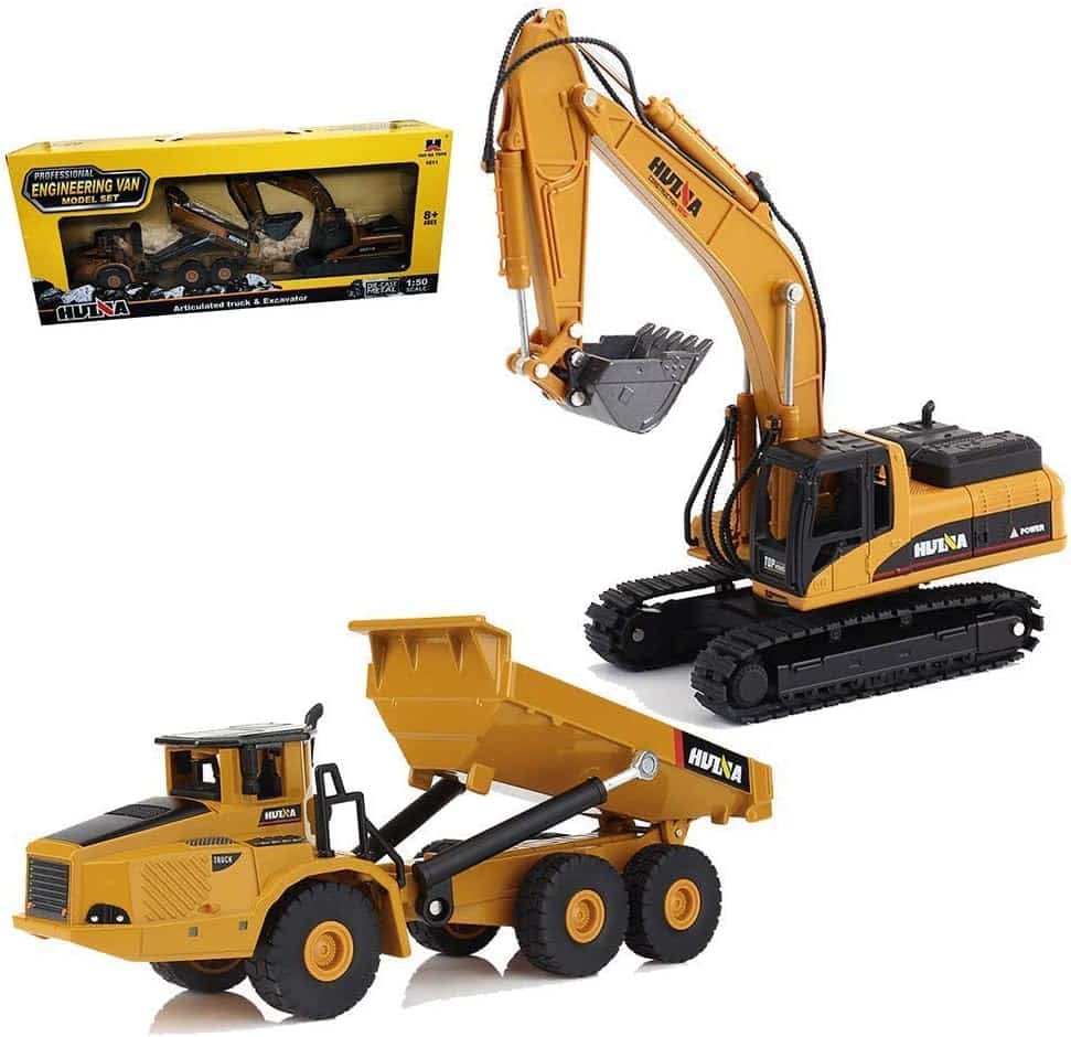 GeminiGenius 2Pcs Construction Vehicle Toys Dump Truck and Excavator Set Heavy Metal 1/50 Scale Digger and Dumper Diecast Engineering Vehicle Toys for Kids and Decoration House