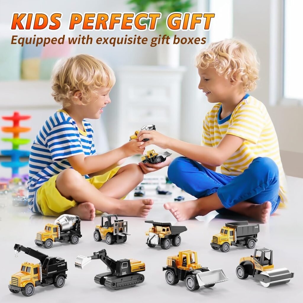 HONGTUO Alloy Mini Construction Vehicles,8Pcs Die-cast Construction Toys Set,Excavators Mixer Truck Bulldozers Forklift Dump Truck Toys,Pull Back Car Toys for Toddlers Kids Boys  Girls