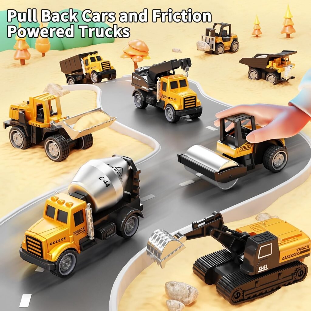 HONGTUO Alloy Mini Construction Vehicles,8Pcs Die-cast Construction Toys Set,Excavators Mixer Truck Bulldozers Forklift Dump Truck Toys,Pull Back Car Toys for Toddlers Kids Boys  Girls