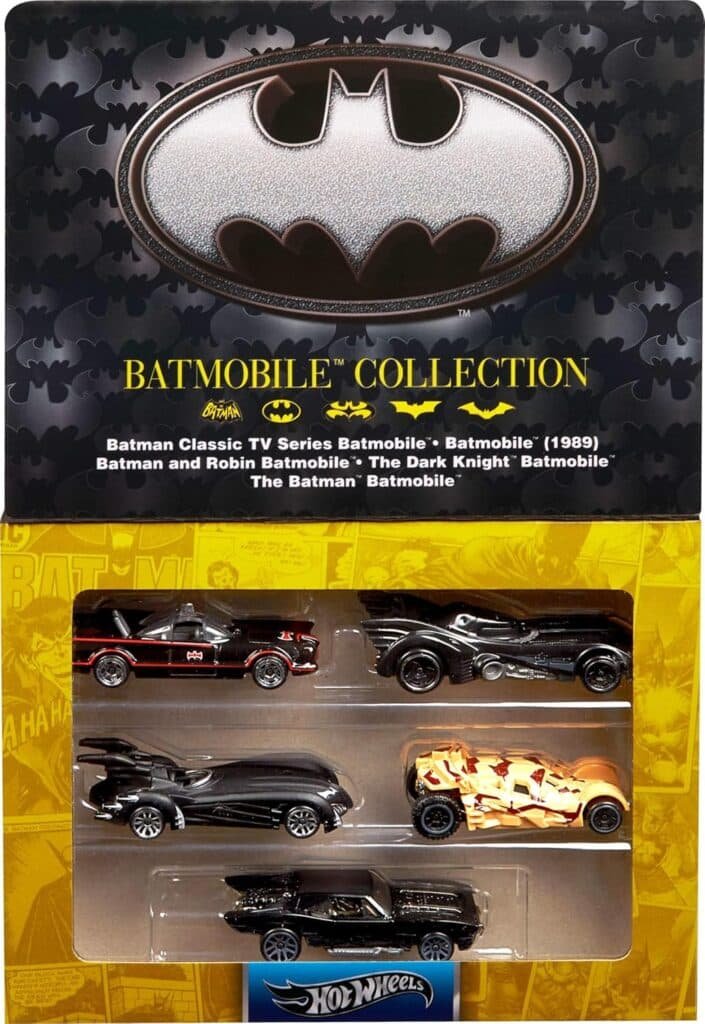 Hot Wheels 1:64 Scale Die-Cast Toy Cars, Set of 5 Batman 85th Anniversary Vehicles with 5 Different Batmobile Replicas in Commemorative Packaging