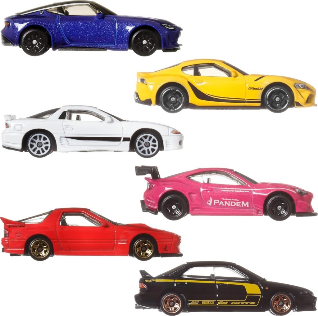 Hot Wheels Car Culture Premium Toy Car 6-Pack, Set of 6 Die-Cast 1:64 Scale Japanese Vehicles with Elevated Deco (Styles May Vary)