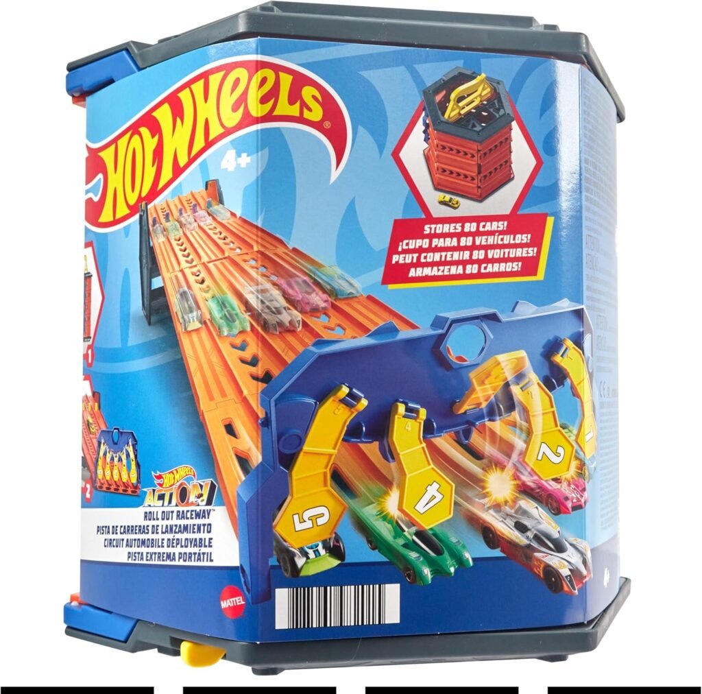 Hot Wheels Track Builder Action, Roll Out Raceway, Track Set with 5 Lane Racetrack and Toy Storage Bucket, Includes 1 Toy Car, Toys for Ages 4 to 10, One Pack, HGK41