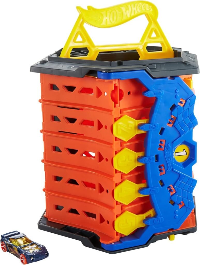 Hot Wheels Track Builder Action, Roll Out Raceway, Track Set with 5 Lane Racetrack and Toy Storage Bucket, Includes 1 Toy Car, Toys for Ages 4 to 10, One Pack, HGK41