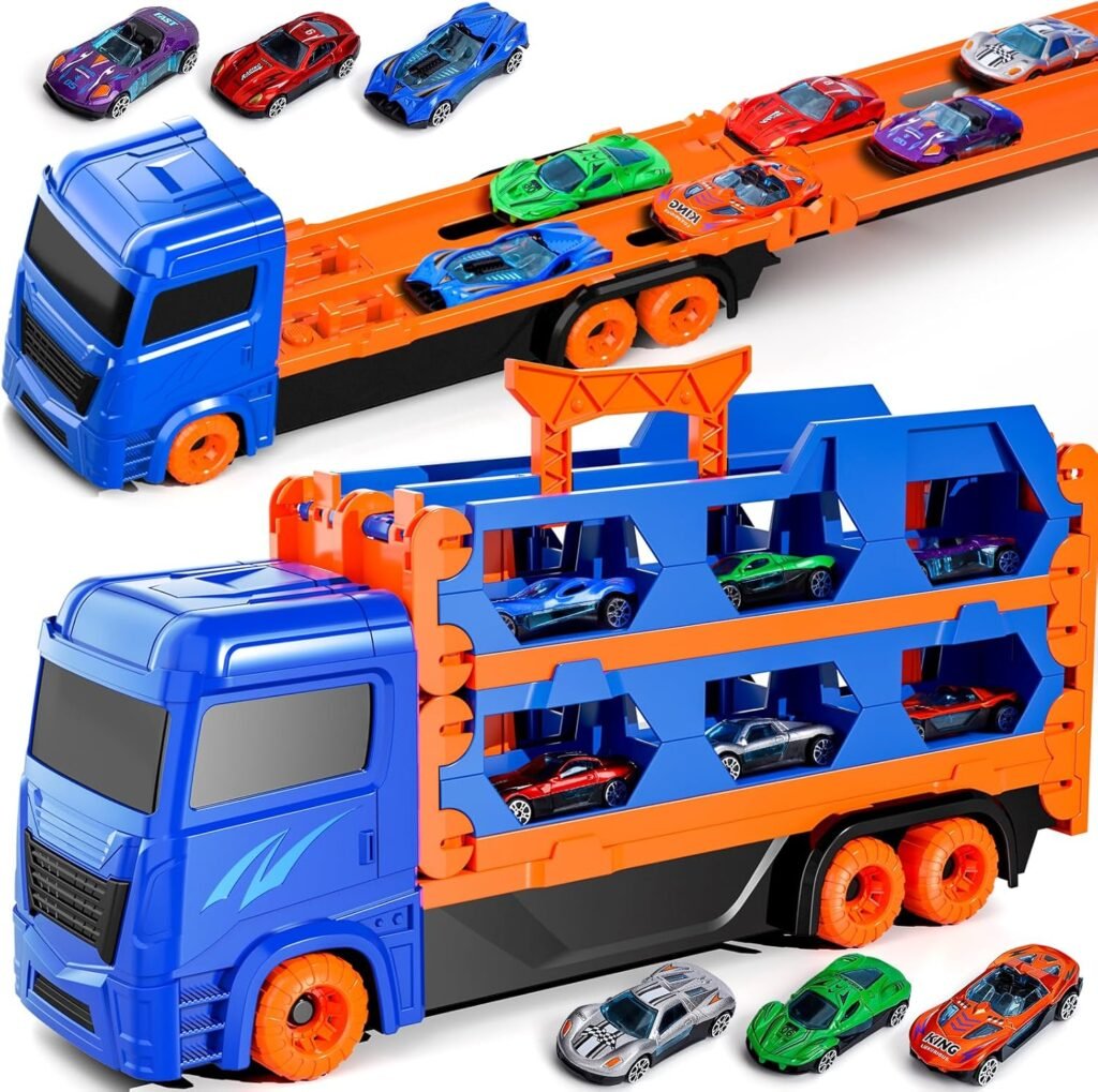 iHaHa Toddler Toys for 3 4 5 6 Years Old Boys, Die-Cast Transport Truck Car Toys 64 -Inch Race Track for Boys Kids, Toddler Car Toys Track Set for Kids Boys Girls