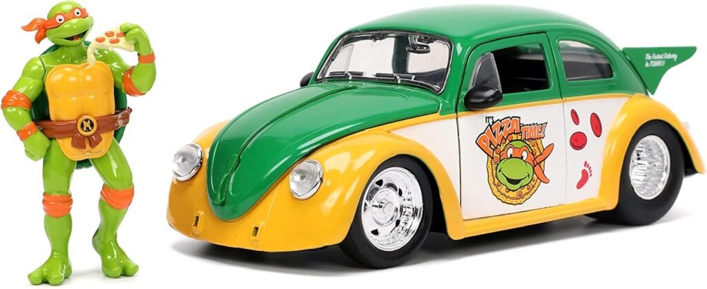 Jada Teenage Mutant Ninja Turtles 1:24 1959 Volkswagen Drag Beetle Die-cast Car  2.75 Michelangelo Figure, Toys for Kids and Adults (33741)