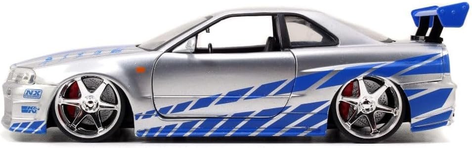 Jada Toys Fast  Furious Brian’s 2002 Nissan Skyline R34 Die-cast Car, 1:24 Scale, Silver  Blue,19808