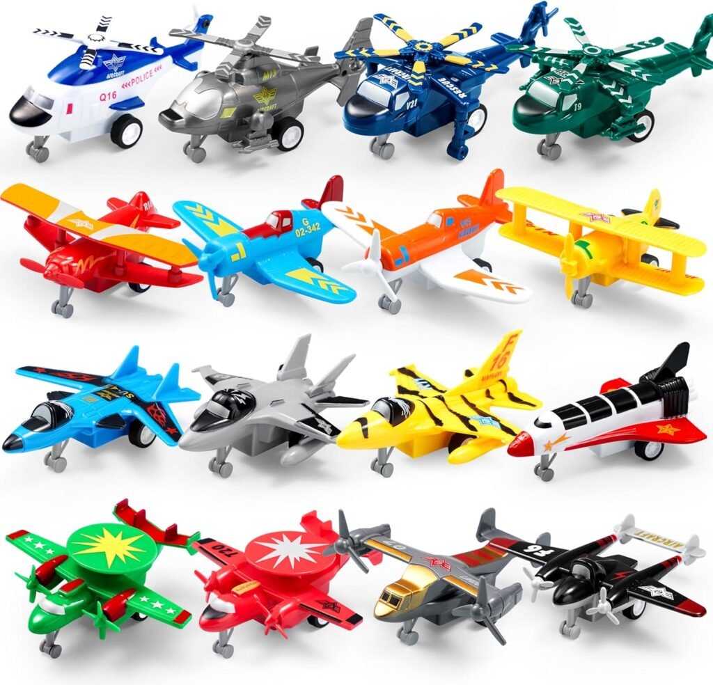 JOYIN 16 Pcs Pull Back Airplane Toys, Boys Plane Playset, Aircraft Incl Helicopter Toys, Fighter Jet Toys, Bomber Toys, Biplane Toy, Gifts for Toddler Kids 3+ Years Old, Kids Presents Toys