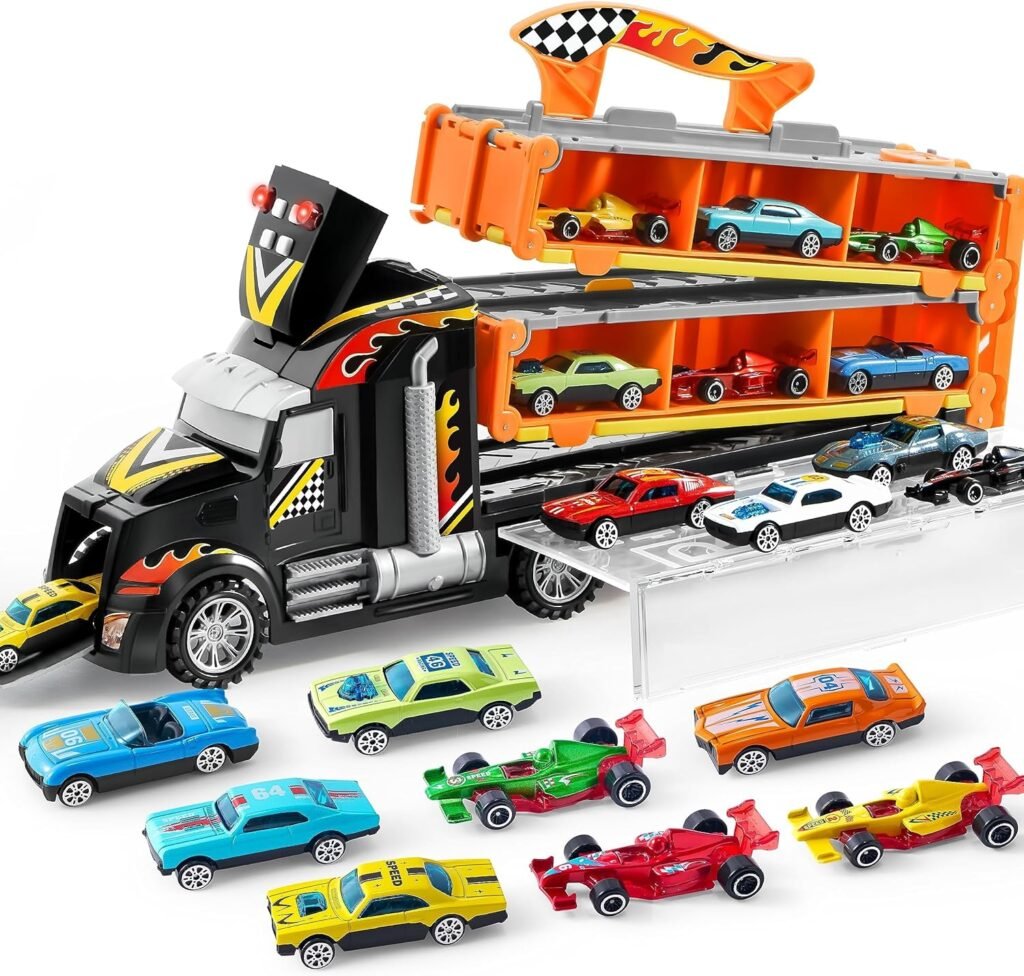 JOYIN Toy Truck for Kids,5-FT Race Track and 12 Die-Cast Metal Toy Cars, Racing Car with Lights  Sounds, Carrier Truck Toy Gift for 2 3 4 5 Years Old Boys and Girls