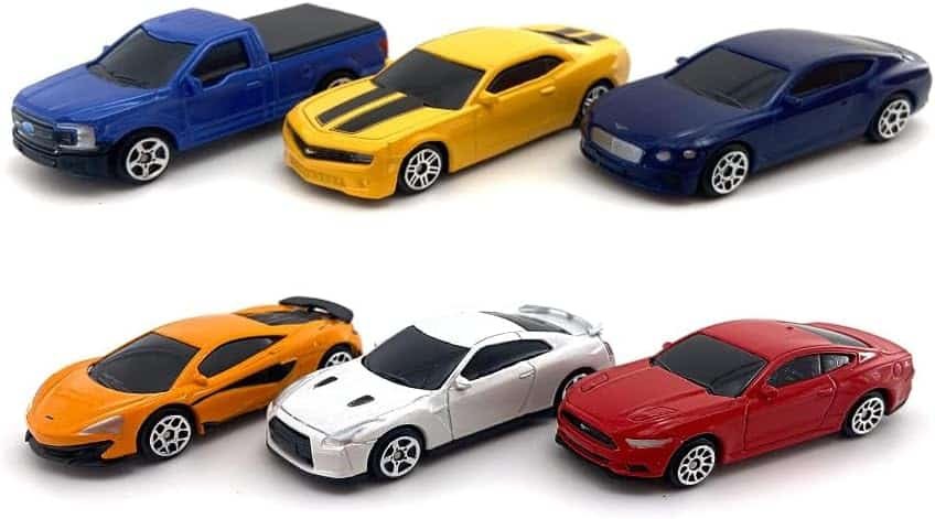 Just For Laughs 6 Diecast Metal Cars, 1:64 Scale Mini Cars, Officially Licensed - Ford F-150, Bentley Continental GT, Chevrolet Camaro, Ford Mustang 2015, McLaren 600LT, Nissan GT-R (R35)