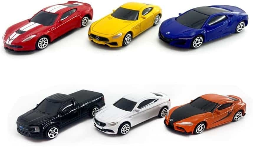 Just For Laughs 6 Diecast Metal Cars, 1:64 Scale Mini Cars, Officially Licensed - Mercedes AMG GT S, Chevrolet Corvette Grand Sport, Acura NSX, Mercedes AMG C 63 S, Ford F-150, Toyota Supra 2020
