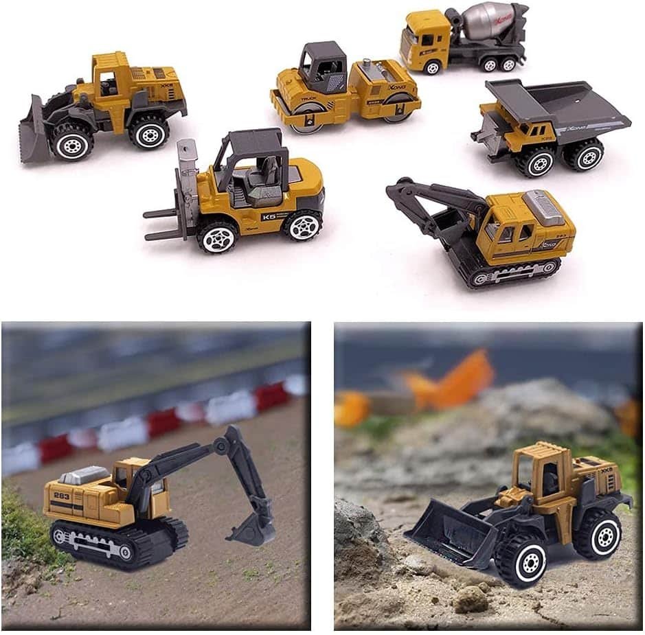Kids Diecast Construction Vehicles Metal Engineering Cars Set Toys Play Trucks for Boys Age 3 4 Birthday Party Supplies Cake Topper (Pack of 6)