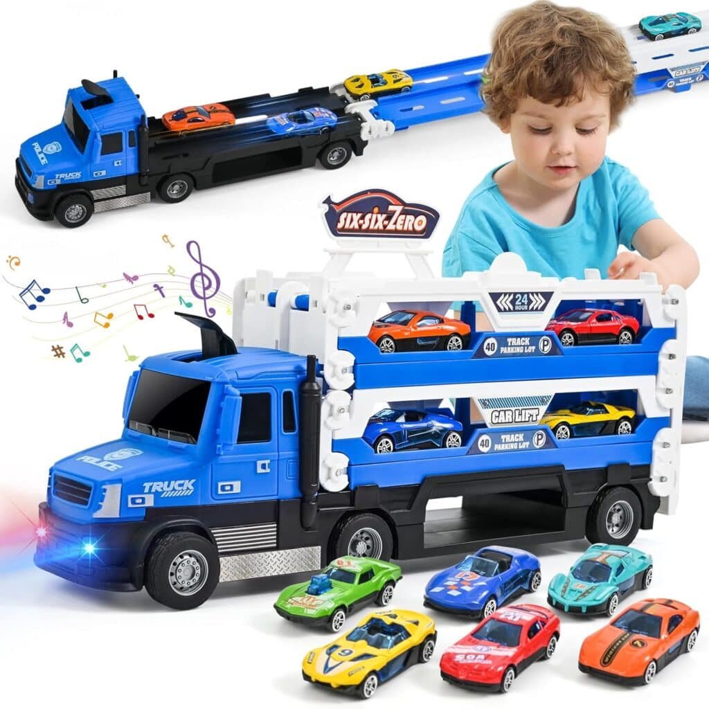 MOONTOY Carrier Truck Race Track Kids Toys, 55 Inch Foldable Hauler Track Ejection Car and 6 Metal Race Car, Truck Toys with Lights  Sounds, Carrier Truck Toy Gifts for 3 4 5 6+ Years Old Boys Girls