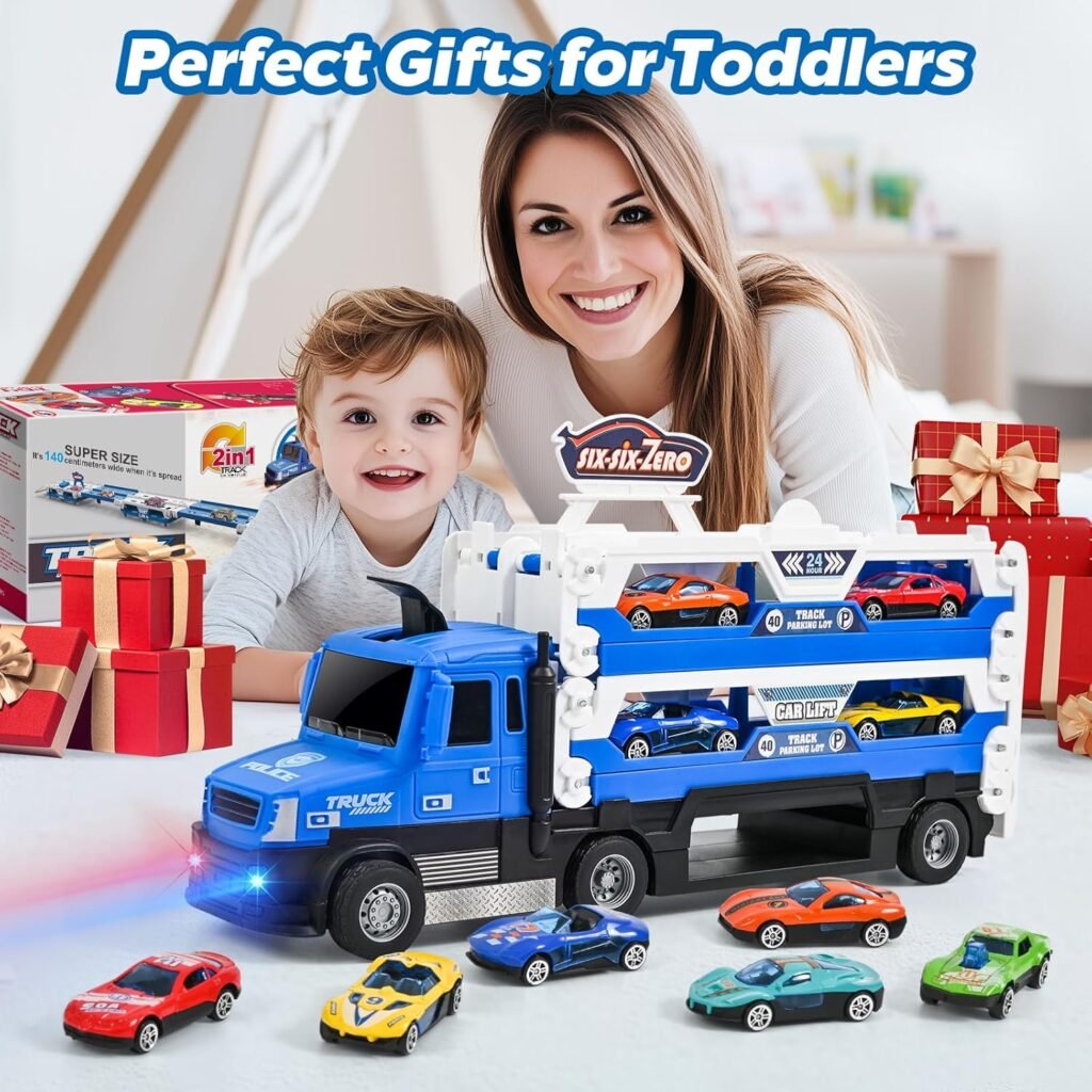 MOONTOY Carrier Truck Race Track Kids Toys, 55 Inch Foldable Hauler Track Ejection Car and 6 Metal Race Car, Truck Toys with Lights  Sounds, Carrier Truck Toy Gifts for 3 4 5 6+ Years Old Boys Girls