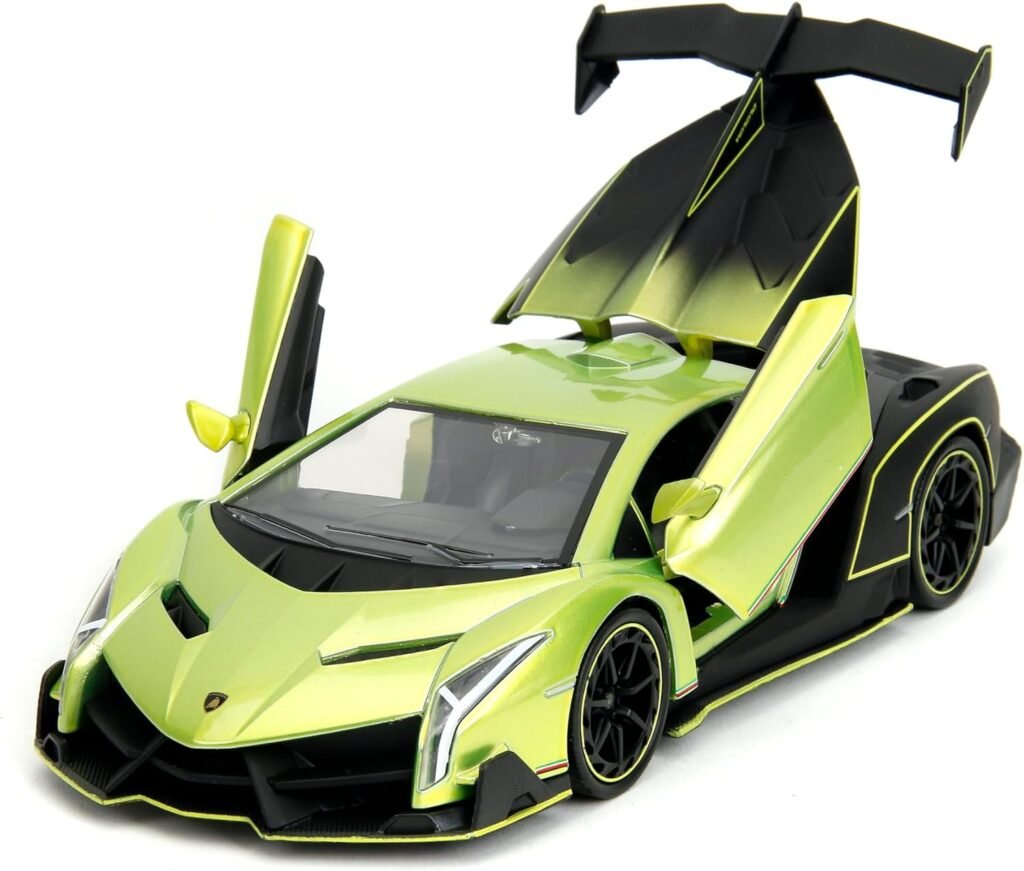 Pink Slips 1:24 W7 Lamborghini Veneno Die-Cast Car w/Base, Toys for Kids and Adults(Candy Lime Green/Primer Black)