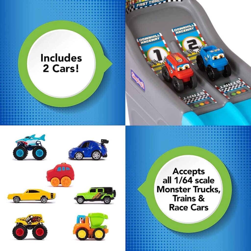 Simplay3 Fast Track Downhill Raceway, Dual Racetrack for Kids Cars for Toddlers, 2 Toy Race Cars Included, Made in USA