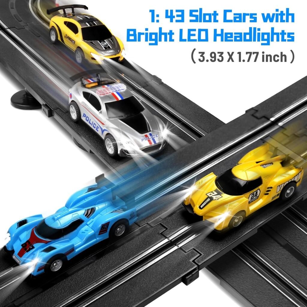 Slot Car Race Track Sets, 23ft Battery Powered or Electric Track with 4 Slot Cars, Dual Racing Game Lap Counters, Race Track Set Features a Loop, Turns, Straightaways and a Crossover for Boys Age 6-12