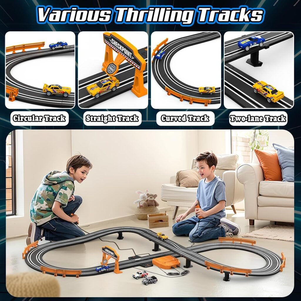 Slot Car Race Track Sets for Boys,Race Car Track with 4 High-Speed Slot Cars,Battery or Electric Car Track,Dual Racing Game Lap Counter Track Sets,Toys Gifts for Boys Girls Ages 4 5 6 7 8-12