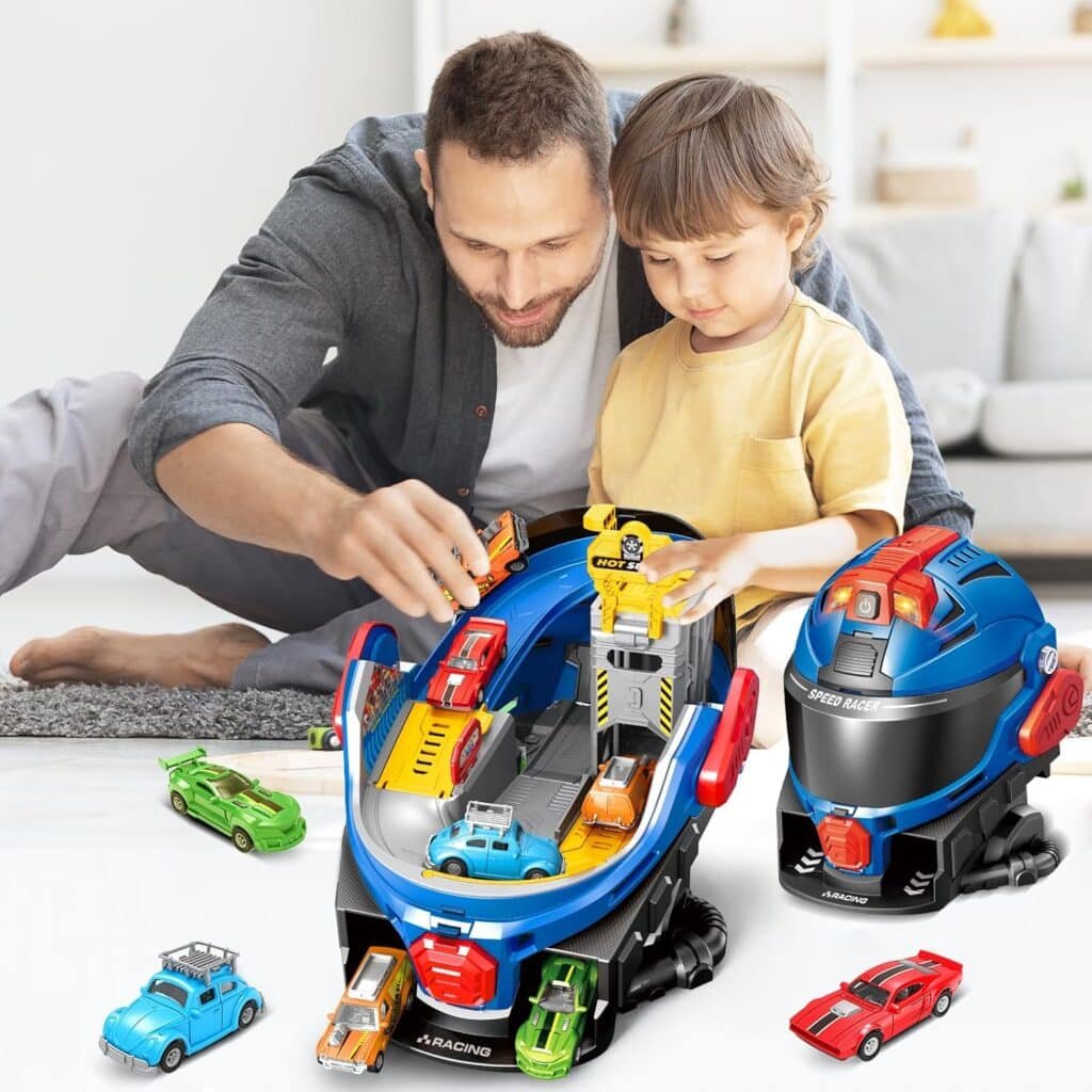 SpringFlower Boys Toys for 3 4 5 6 7 Years Olds, Race Track Toys,Race Helmet Design with 4 Die cast car Toy,Car Toys Set for Toddlers,Ideal Gift for 3 4 5 6 7 Years Old Kids