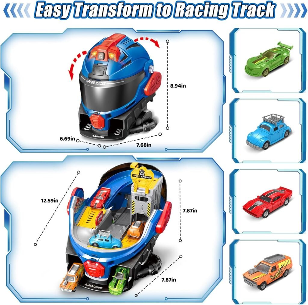 SpringFlower Boys Toys for 3 4 5 6 7 Years Olds, Race Track Toys,Race Helmet Design with 4 Die cast car Toy,Car Toys Set for Toddlers,Ideal Gift for 3 4 5 6 7 Years Old Kids