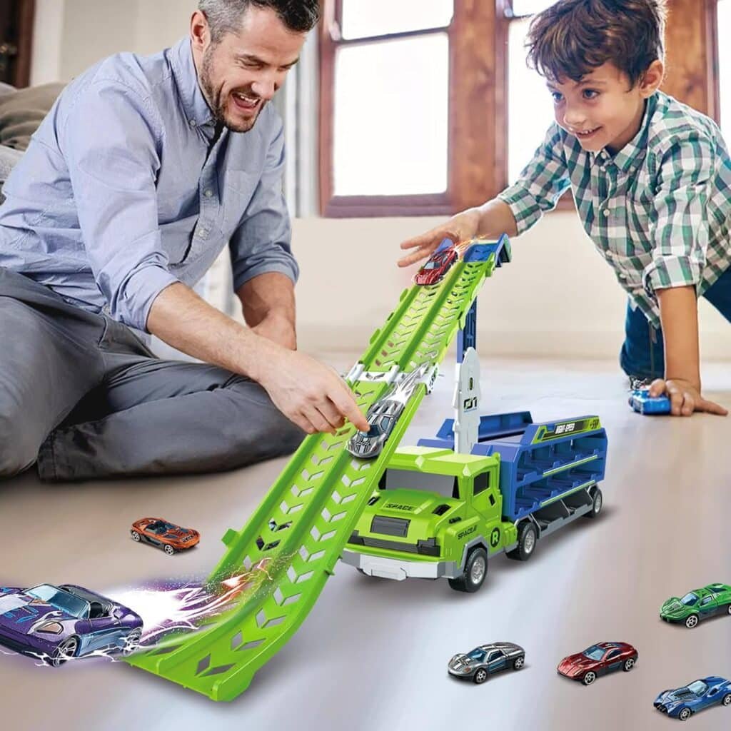 Toddler Car Truck Toys,Car Carrier Truck Toys for Kids Age 3-5 4-8,Foldable Car Track Sets with 2.8-Ft Race Track and 6 Die-Cast Race Cars, Truck Toys Gifts for 3 4 5 6 7 8+ Year Old Boys Girls(Green)