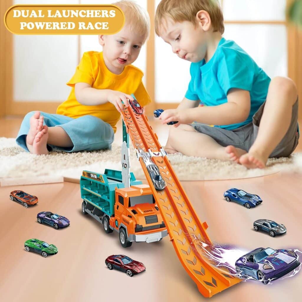 Toddler Car Truck Toys,Car Carrier Truck Toys for Kids Age 3-5 4-8,Foldable Car Track Sets with 2.8-Ft Race Track and 6 Die-Cast Race Cars, Truck Toys Gifts for 3 4 5 6 7 8+ Year Old Boys Girls(Green)