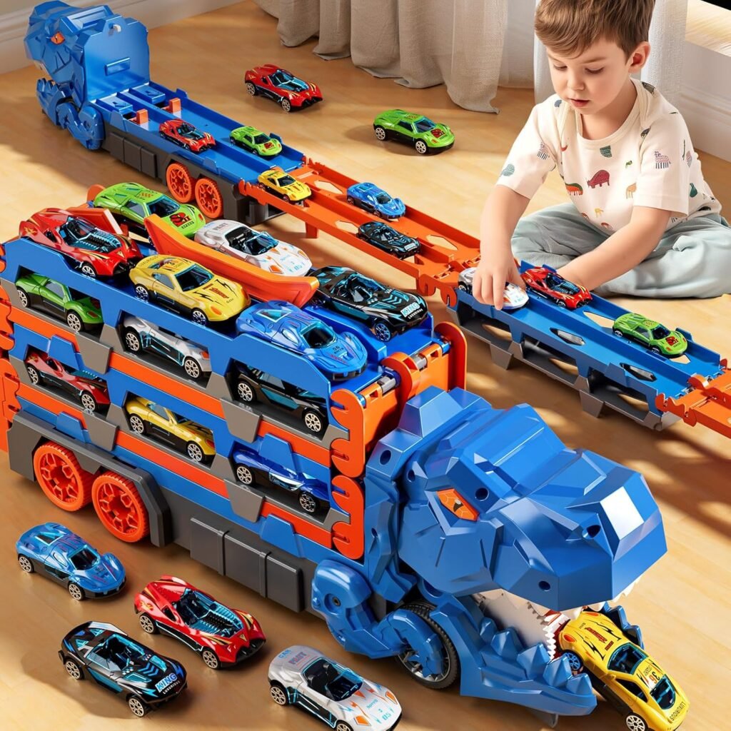 Toddler Toys Car Track Set for 3 4 5 6 Years Old Boys, Dinosaur Transporter Car Race Track with 12 Die-Cast Car Toys, Truck Car Toys Set Gifts for Age 3 4 5 6+ Years Old Kids Boys Girls