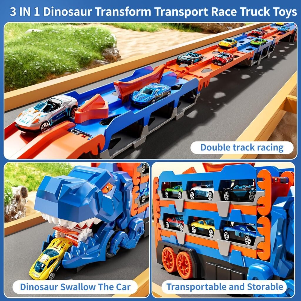 Toddler Toys Car Track Set for 3 4 5 6 Years Old Boys, Dinosaur Transporter Car Race Track with 12 Die-Cast Car Toys, Truck Car Toys Set Gifts for Age 3 4 5 6+ Years Old Kids Boys Girls